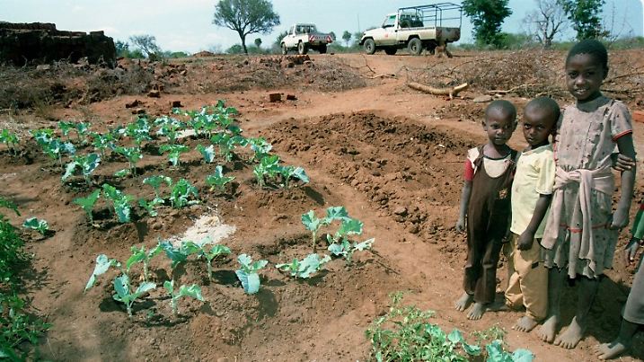 Ein Erfolg des Brunnenbaus -Kinder präsentieren ihr erstes angebautes Gemüse. Etwa 34 Millionen Menschen in Afrika hatten 1994 nicht genug zu essen und waren auf Nahrungsmittelhilfe angewiesen. Die wachsende Zahl hungernder Menschen ist nur zum Teil auf kriegerische Konflikte zurückzuführen (z.B. in Ruanda), die wichtigsten Ursachen sind das kaum gebremste Bevölkerungswachstum, der akute Wassermangel und anhaltende Dürreprioden. Viele Hilfsprojekte widmen sich deshalb dem Bau von Brunnen und Talsperren, um die Ernährungssituation in Afrika zu verbessern.