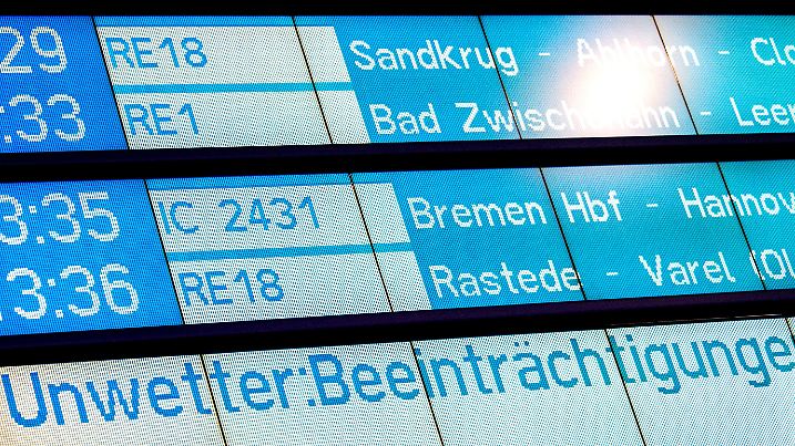 09.02.2020, Niedersachsen, Oldenburg: Eine Anzeigetafel am Hauptbahnhof warnt vor Beeinträchtigungen durch Unwetter. Die Deutsche Bahn geht aufgrund des Sturmtiefs «Sabine» von vielen Ausfällen im Zugverkehr aus. Foto: Hauke-Christian Dittrich/dpa +++ dpa-Bildfunk +++
