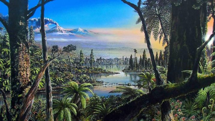 Dieses Acrylbild zeigt die ehemaligen Umweltbedingungen, die für den Bereich der Bohrung rekonstruiert werden konnten.