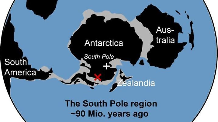 Vereinfachte Übersichtskarte der Südpolarregion zum Zeitpunkt der Ablagerung vor etwa 90 Millionen Jahren.
