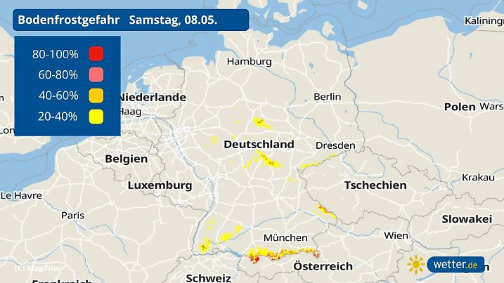 Die Graphik zeigt die Vorhersage für Bodenfrost in Deutschland in der Nacht zum Samstag. Demnach müssen wir uns in einigen Landesteilen zum Teil noch auf Frost einstellen, bevor es am Sonntag frühsommerlich wird.