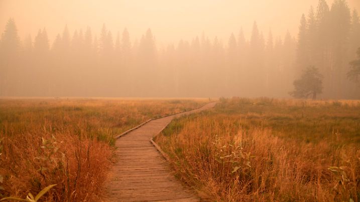 This photo provided by Chuck Bennett shows smoke from the Creek Fire filling the air in Yosemite Valley bringing visibility to the point where the canyon walls were not visible or the sun on Thursday, Sept. 17, 2020. The National Park Service closed Yosemite National Park on Thursday for air quality concerns. (Chuck Bennett via AP)