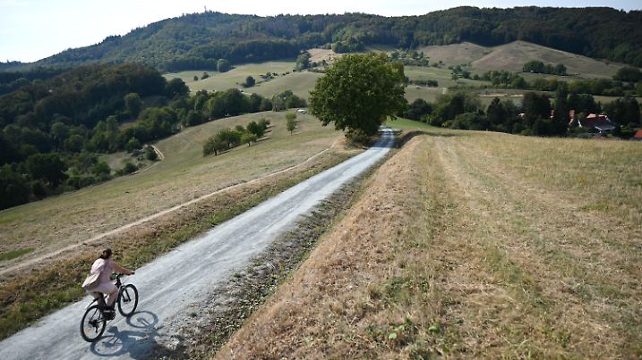 14.09.2020, Hessen, Balkhausen: Ein Radfahrerin ist bei Balkhausen im Odenwald unterwegs, wo die Trockenheit ihre Spuren hinterlassen hat. Braune Wälder, staubtrockene Felder oder bedrohte Tiere: Die Trockenheit in Hessen macht der Natur und auch den Landwirten zu schaffen. (zu dpa "Sterbende Fichten und trockene Böden - Dürre in Hessen") Foto: Arne Dedert/dpa +++ dpa-Bildfunk +++