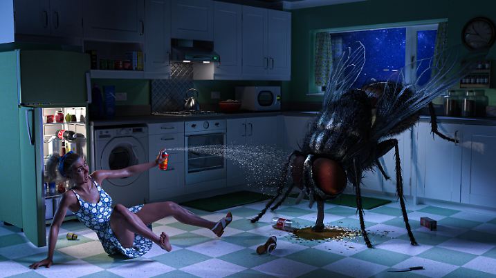Digital image depicting a terrified woman spraying a giant fly with bug spray. The fly has knocked over a bottle of soda, and is busy drinking from the puddle. The woman wears a horrified expression, and is simultaneously spraying the giant fly with insecticide, while scrambling backwards to get away. The spray appears to be ineffectual. The scene takes place at night, in a moonlit kitchen.