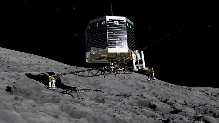 HANDOUT - 01.08.2014, ---: Screnshot aus einem Video zeigt die simulierte Landung von «Philae» auf dem Zielkometen Tschurjumow-Gerassimenko. (zu dpa "«Rosetta»-Landemodul landete in Eisfeld - «poröser als Milchschaum»") Foto: ESA/ATG medialab/dpa - ACHTUNG: Nur zur redaktionellen Verwendung und nur mit vollständiger Nennung des vorstehenden Credits +++ dpa-Bildfunk +++