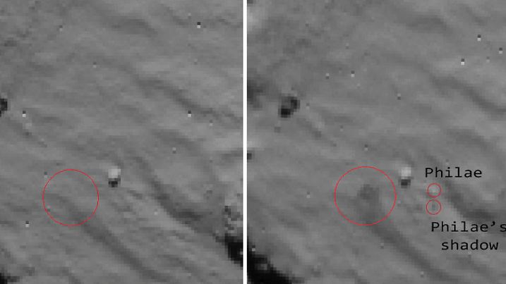 HANDOUT - These animated images provide strong evidence that Rosetta?s Philae lander touched down for the first time almost precisely where intended. The animation comprises images recorded by Rosetta?s navigation camera as the orbiter flew over the (intended) Philae landing site on 12 November.The images were taken at 15:30:32 GMT and 15:35:32 GMT, while first touchdown was at 15:34:06 GMT, between the timestamps of the two images.The first image is thus 3 min 34 sec before touchdown. At this time, Philae was about 250 m above the surface. The second image is 1 min 26 seconds after first touchdown.The touchdown is seen as a dark area in the second image, which is considered a strong indication that the lander touched down at this spot (possibly raising dust). The third image in the sequence is the same as the second, with the likely position of Philae and its shadow highlighted.The images were taken from about 15 km above the surface, giving an approximate scale of 1.3 m per pixel. (ACHTUNG: Verwendung nur zu redaktionellen Zwecken und nur mit dem Hinweis auf die Quelle: ESA/Rosetta/NavCam ? CC BY-SA IGO 3.0 - nur s/w) +++(c) dpa - Bildfunk+++