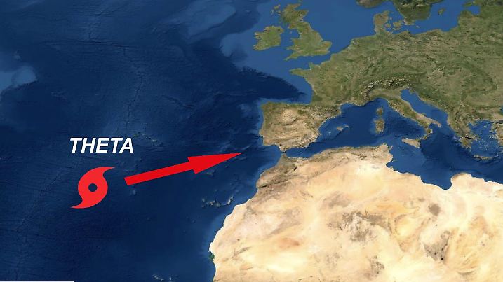 Hier ist die Zugrichtung von Sturm "Theta" vom offenen Atlantik Richtung Madeira und Spanien sowie Portugal zu sehen.