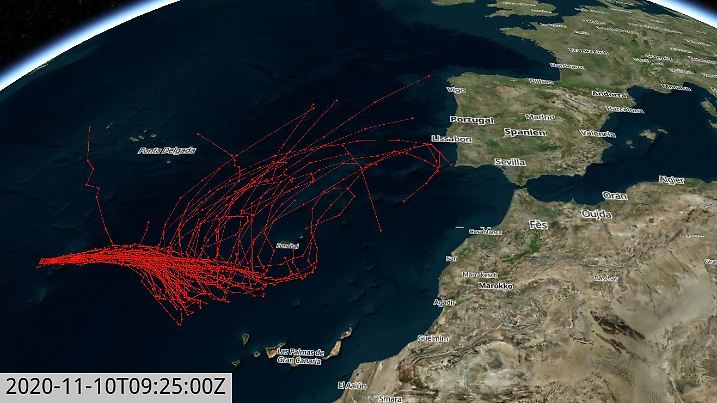 Es sieht aus wie ein Haufen Spaghetti. Die verschiedenen Berechnungen von "Theta" zeigen in Richtung Madeira und Europa. Doch die genaue Zugbahn ist noch sehr unsicher.