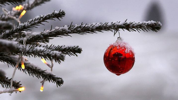 ARCHIV - 08.12.2014, Bayern, Unterjoch: Ein geschmückter Christbaum steht im Garten eines Bauernhofes. Der Klimawandel schmälert in vielen Regionen Deutschlands die Aussicht auf Weiße Weihnachten. (zu dpa: «Experten: Weiße Weihnacht wegen des Klimawandels immer seltener») Foto: Karl-Josef Hildenbrand/dpa +++ dpa-Bildfunk +++