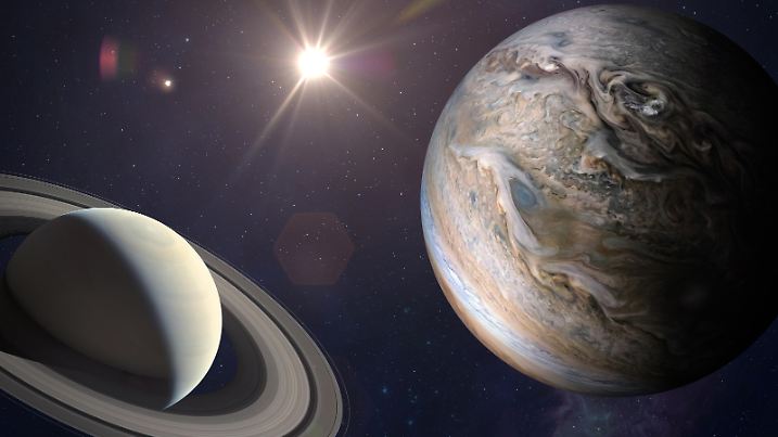 Große Konjunktion Planeten Jupiter und Saturn Stern von Bethlehem
