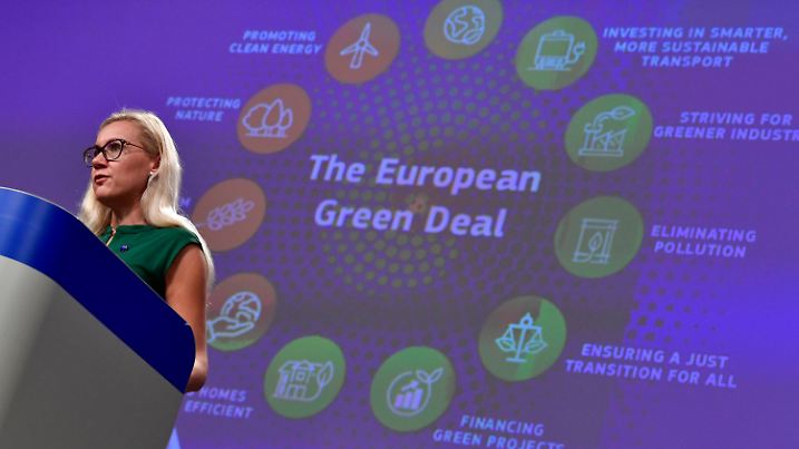 European Commissioner for Energy Kadri Simson talks during a press conference with European Commissioners for European Green Deal Frans Timmermans at the European Parliament in Brussels, Thursday, Sept. 17, 2020. (John Thys/Pool Photo via AP)