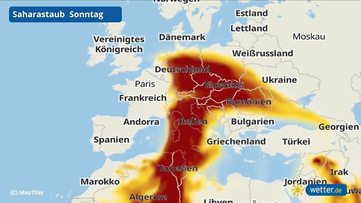 Rot dargestellt sind hier die höchsten Staubkonzentrationen am Sonntag.
