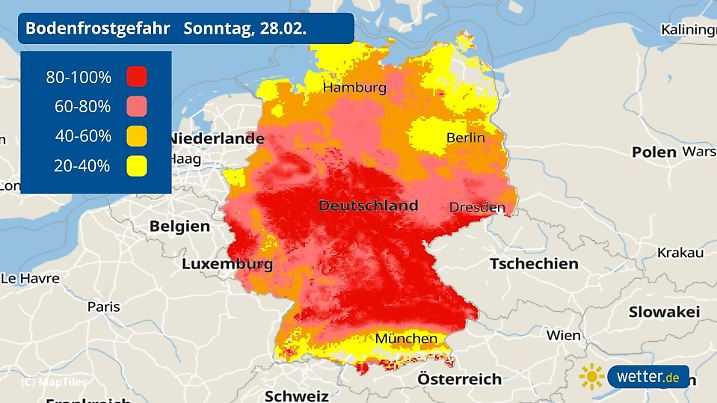 Die Karte zeigt die Wahrscheinlichkeit für Bodenfrost am Monatsende. Verbreitet wird es nachts weiterhin winterlich kalt.