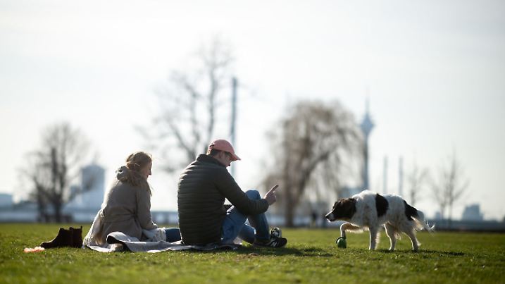 20.02.2021, Nordrhein-Westfalen, Düsseldorf: Ein Pärchen sitzt mit seinem Hund auf den Rheinwiesen auf einer Picknickdecke. Für das Wochenende sagen Meteorologen frühlingshaftes und sonniges Wetter voraus. Foto: Jonas Güttler/dpa - ACHTUNG: Nur zur redaktionellen Verwendung im Zusammenhang mit der aktuellen Berichterstattung und nur mit vollständiger Nennung des vorstehenden Credits +++ dpa-Bildfunk +++