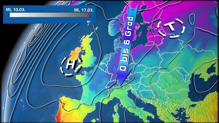 Die Graphik zeigt die Wetterlage zur Mitte der kommenden Woche. Dann könnte sich am Rande eines Hochs bei den Britischen Inseln aus Norden der Märzwinter bei uns ausbreiten.