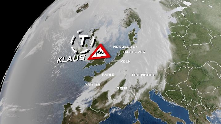 Die Graphik zeigt ein Satellitenbild von Orkantief KLAUS über Westeuropa.