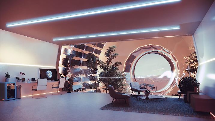 Ein Blick aus einer Nüwa-Wohnung auf die Marsoberfläche.