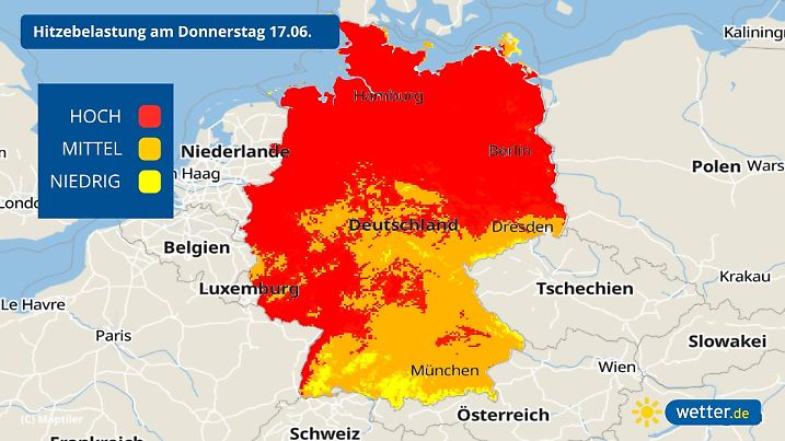 Der ganze Norden, Osten und auch Westen haben eine hohe Hitzebelastung am Donnerstag.