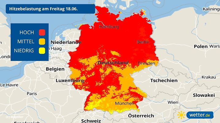 Während die Hitzebelastung im Westen etwas nachlässt, sind der Norden und der Osten weiterhin in tiefrot getaucht.