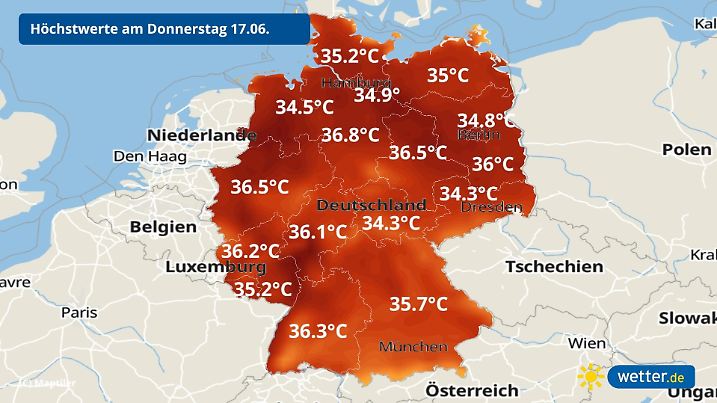 Die Graphik zeigt die Höchstwerte für Freitag, 18.06.2021. Verbreitet erwarten uns erneut 30 Grad und mehr; wobei sich der Hitzeschwerpunkt tendenziell ostwärts verlagert.