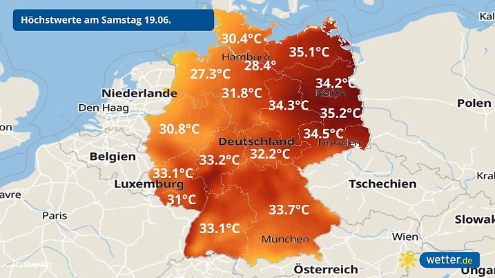 Die Graphik zeigt die Höchstwerte für Samstag, 19.06.2021. Verbreitet erwarten uns erneut 30 Grad und mehr; wobei sich die Hitze insgesamt etwas abschwächen dürfte.