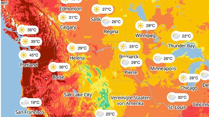 Die Graphik zeigt die Temperaturverteilung im Norden Amerikas. Bis rauf nach Kanada hat sich die Heißluft entlang der Westküste ausgebreitet.