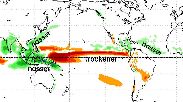 NOAA-Berechnungen für die Niederschlagsabweichungen von August bis Oktober 2024 mit einem klassischen La Nina-Signal.
