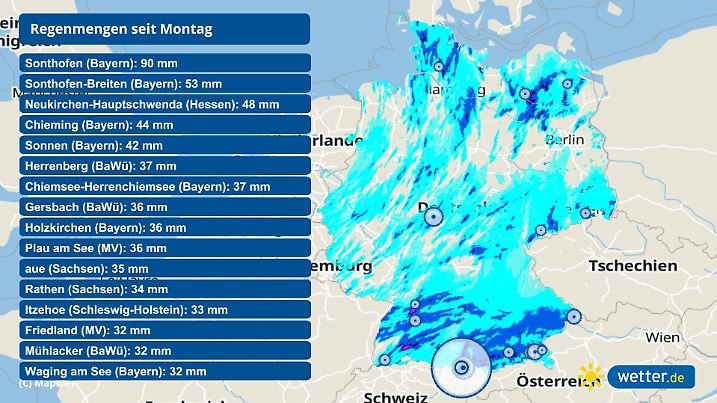 Regensummen seit Montag um Mitternacht