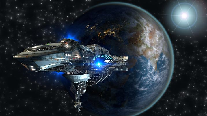 Interstellar spaceship leaving Earth as a 3D concept for futuristic deep space travel for sci-fi backgrounds. The Earth map for this image background is using a file provided under general permission by NASA on the following link: http://www.nasa.gov/multimedia/guidelines