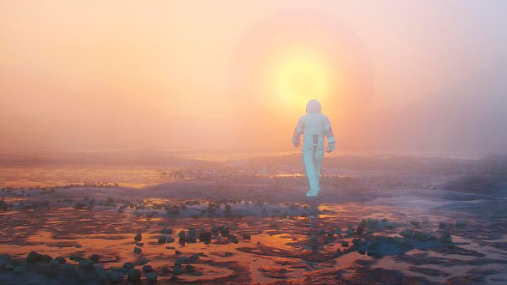 Astronaut walking towards alien passage. This is entirely 3D generated image.