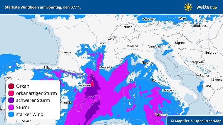 Die Graphik zeigt die Windvorhersage für das westliche Mittelmeer. Es drohen Böen jenseits von 100km/h.
