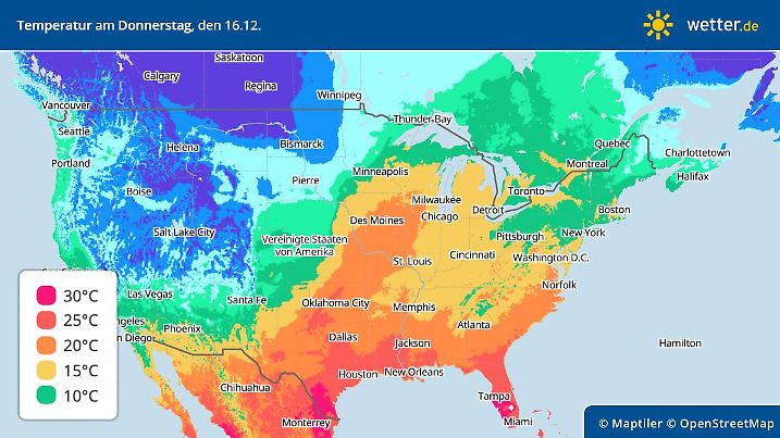 Die Graphik zeigt, wie krass unterschiedlich die Temperaturen in den USA in dieser Woche sind. Der Süden und der Osten mit sommerlichen Werten, während im Norden und Nordwesten der Winter dagegenhält.