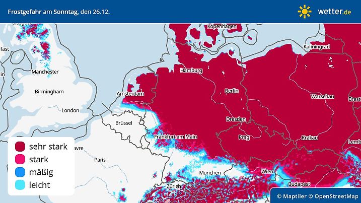 Die Graphik zeigt die Vorhersage für die Frostgefahr in der Nacht zum Sonntag. Somit müssen sich insbesondere die Mitte und der Norden auf teilweise eiskalte Temperaturen einstellen.