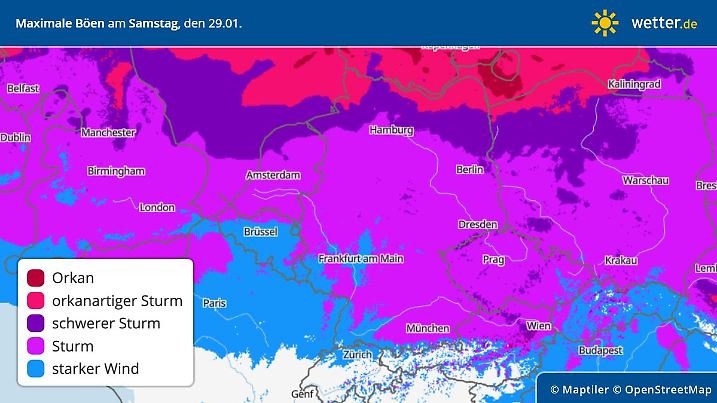 Die maximalen Windgeschwindigkeiten für Samstag, 29.01.2022: Sturm im ganzen Land