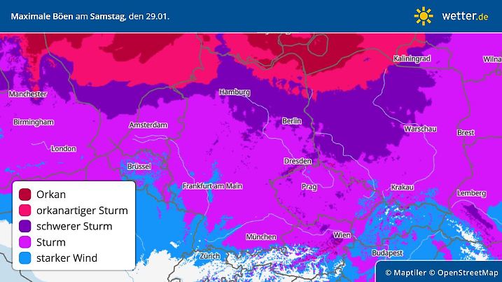 Die maximalen Windgeschwindigkeiten für Samstag, 29.01.2022: Sturm fast im ganzen Land