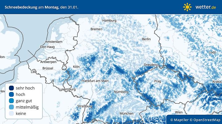 Prognose Schneebedeckung für Montag, 31.01.2022: Viel Schnee für die höheren Lagen