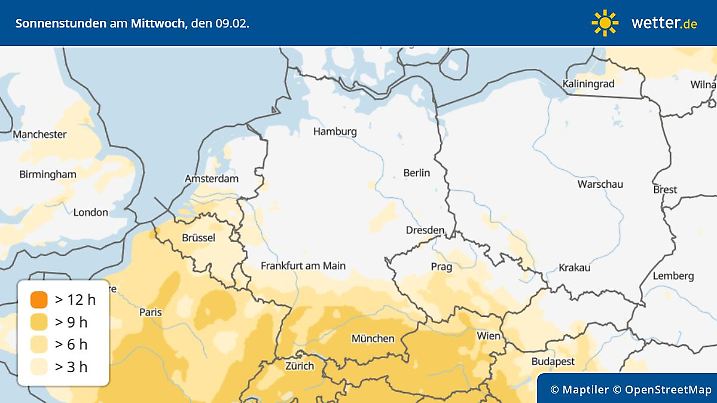 Sonnenscheindauer am Mittwoch: Im Süden kommt einiges zusammen.
