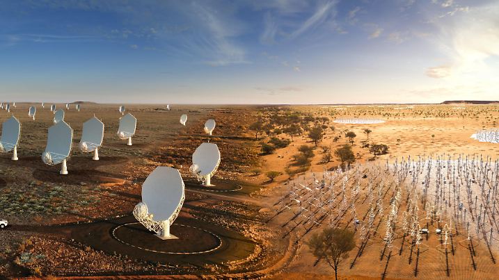 Composite image of the SKA telescopes, blending real hardware already on site with artist's impressions. 
From left: artist's impression of the future SKA dishes blend into the existing precursor MeerKAT telescope dishes in South Africa. 
From right: artist's impression of the future SKA-Low stations blends into the existing AAVS2.0 prototype station in Western Australia.
