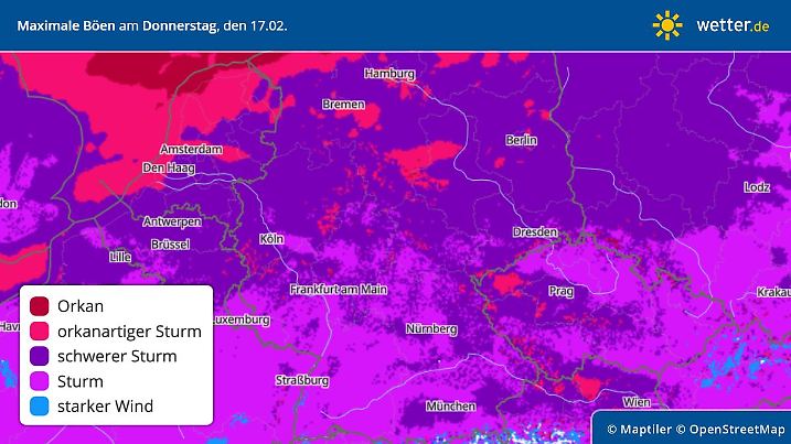 Die Deutschlandkarte zeigt die Sturm- und Orkangefahr am Donnerstag. Hiernach würde das Hauptsturmfeld die Nordhälfte voll treffen.