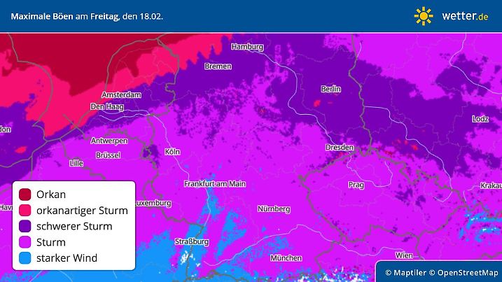 Die Deutschlandkarte zeigt die Sturm- und Orkangefahr am Freitag. Hiernach würde das zweite Hauptsturmfeld die Nordhälfte ebenfalls voll erwischen.