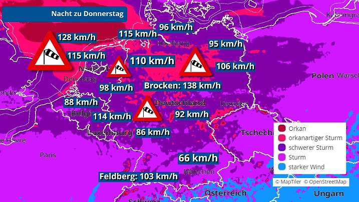 Die Deutschlandkarte zeigt die Sturm- und Orkangefahr in der Nacht zu Donnerstag. Hiernach würden die stärksten Windböen den gesamten Norden treffen