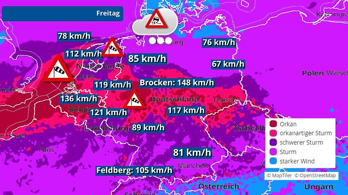 Die Deutschlandkarte zeigt die Sturm- und Orkangefahr am Freitag und in der Nacht zu Samstag. Hiernach würde das zweite Hauptsturmfeld die Nordhälfte und Mitte voll erwischen.