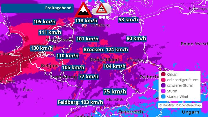 Die Deutschlandkarte zeigt die Sturm- und Orkangefahr am Freitag und in der Nacht zu Samstag. Hiernach würde das zweite Hauptsturmfeld die Nordhälfte und Mitte voll erwischen.