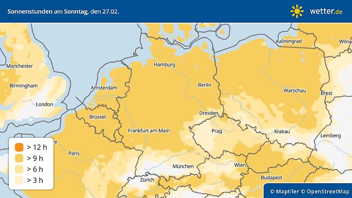 Sonnenstunden in Deutschland am Sonntag, 27. Februar 2022