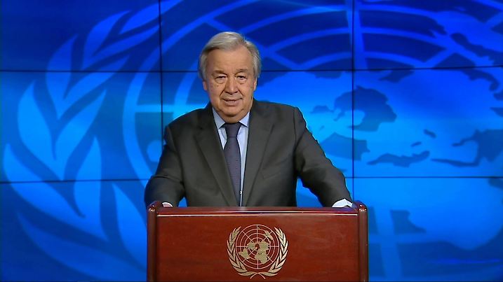 220228 -- GENEVA, Feb. 28, 2022 Xinhua -- This image grabbed from a screen shows UN Secretary-General Antonio Guterres speaking via a video at the opening of the 49th session of the United Nations Human Rights Council UNHRC, held at the United Nations Office at Geneva, Switzerland, Feb. 28, 2022. The ongoing 49th session of the UNHRC has decided to hold an emergency debate on the situation in Ukraine later this week. Xinhua Geneva *** 220228 GENEVA, Feb 28, 2022 Xinhua This image grabbed from a screen shows UN Secretary General Antonio Guterres speaking via a video at the opening of the 49th session of the United Nations Human Rights Council UNHRC , held at the United Nations Office at Geneva, Switzerland, Feb 28, 2022 The ongoin