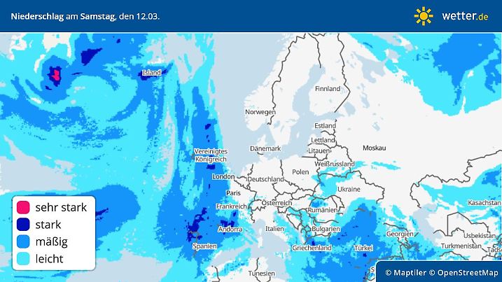 Die Europakarte für den Regen zeigt, dass es in Deutschland und Skandinavien auch in Richtung Monatsmitte trocken bleiben dürfte.