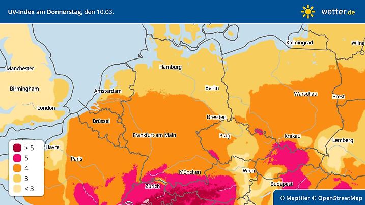Die Deutschlandkarte zeigt, dass die UV-Werte in Deutschland aktuell schon bei 3 bis 5 liegen - eine mittlere bis hohe Sonnenbrandgefahr