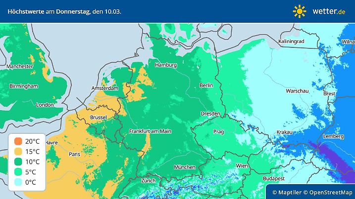 Die Deutschlandkarte mit den Höchstwerten - am Donnerstag sind im Westen 15 bis 17 Grad möglich