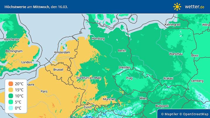 Die Deutschlandvorhersage für die Temperaturen nächste Woche Mittwoch - 20 Grad kommt im Westen immer näher - der Frühling erwacht immer mehr.