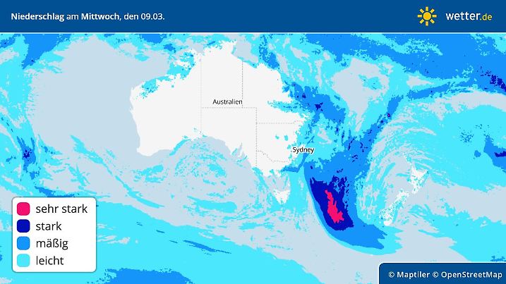 Die Regenvorhersage für Australien zeigt, dass es auch weiterhin zum Teil heftig regnen wird.
